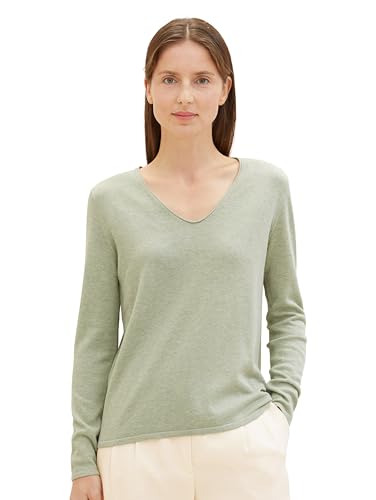 TOM TAILOR Damen Basic Strickpullover mit V-Ausschnitt, 35188 - Desert Green Melange, L von TOM TAILOR