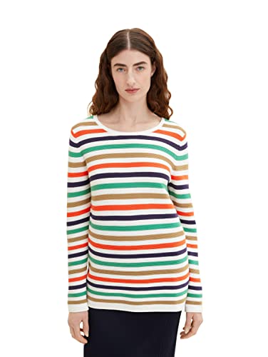 TOM TAILOR Damen Basic Strickpullover aus Bio-Baumwolle, 31603 - Navy Green Multicolor Stripe, XXS von TOM TAILOR
