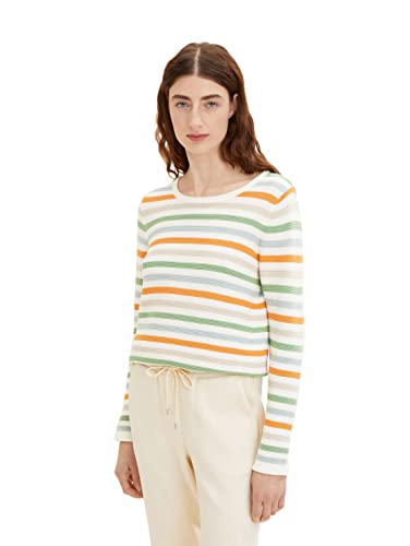 TOM TAILOR Damen Basic Strickpullover aus Bio-Baumwolle, 31604 - Orange Green Multicolor Stripe, XXL von TOM TAILOR