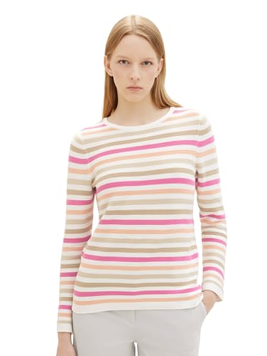 TOM TAILOR Damen Basic Strickpullover aus Bio-Baumwolle, 34846 - Pink Peach Ottoman Stripe, L von TOM TAILOR