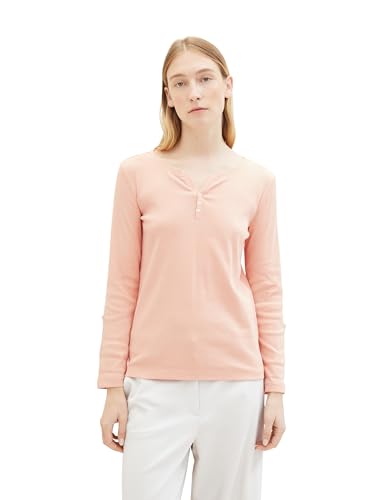 TOM TAILOR Damen Henley Longsleeve mit Streifen aus Bio-Baumwolle, 35225 - Apricot Offwhite Stripe Ck, L von TOM TAILOR