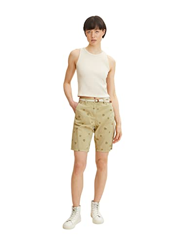 TOM TAILOR Damen Chino Bermuda Shorts mit Gürtel 1031285, 29579 - Green Print Leaf Design, 32 von TOM TAILOR