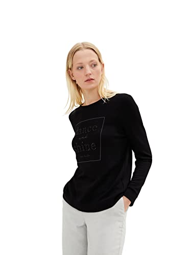 TOM TAILOR Damen 1034133 Sweatshirt mit Glitzerprint, 14482 - Deep Black, XXS von TOM TAILOR