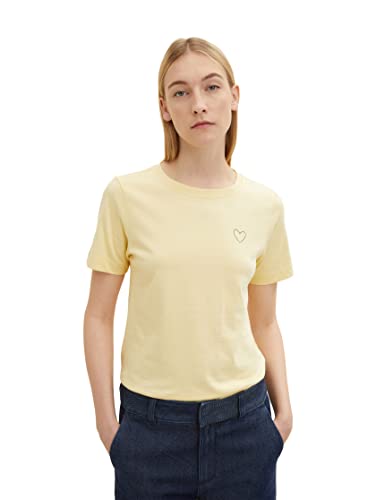 TOM TAILOR Damen 1034508 Basic T-Shirt mit Herzstickerei, 25987 - Soft Yellow, M von TOM TAILOR