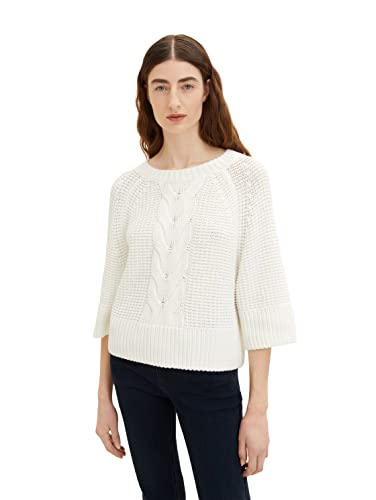 TOM TAILOR Damen 1035301 Pullover mit Zopfmuster, 10315 - Whisper White, L von TOM TAILOR