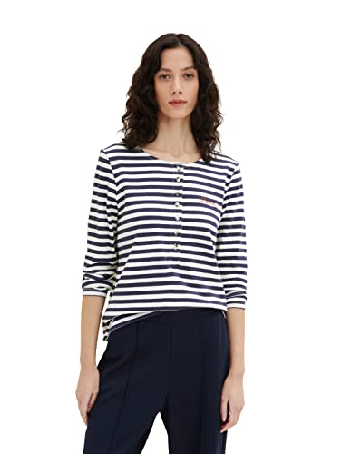 TOM TAILOR Damen 1035458 T-Shirt mit Streifen & Knopfleiste, 31132 - Navy Offwhite Stripe, 3XL von TOM TAILOR