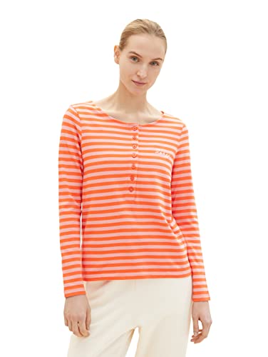 TOM TAILOR Damen 1035458 T-Shirt mit Streifen & Knopfleiste, 31602 - Pink Red Stripe, M von TOM TAILOR