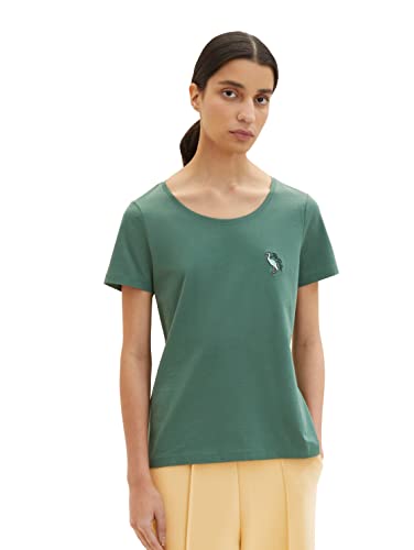 TOM TAILOR Damen 1035471 T-Shirt mit Vogel-Stickerei, 18601 - Pineneedle Green, XXL von TOM TAILOR