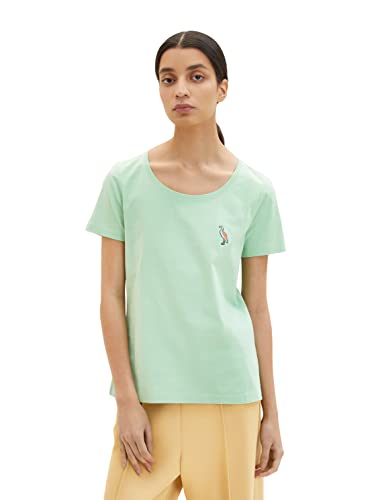 TOM TAILOR Damen 1035471 T-Shirt mit Vogel-Stickerei, 31034 - Okra Green, L von TOM TAILOR