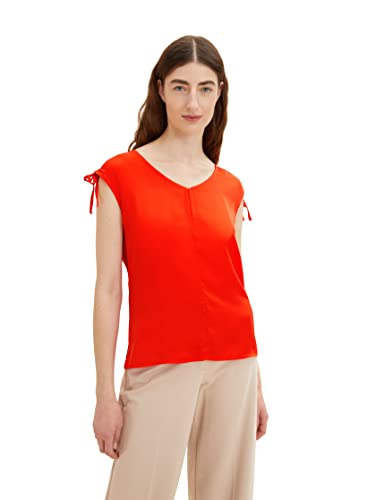 TOM TAILOR Damen 1035851 T-Shirt mit V-Ausschnitt & Raffung, 15612 - Fever Red, M von TOM TAILOR