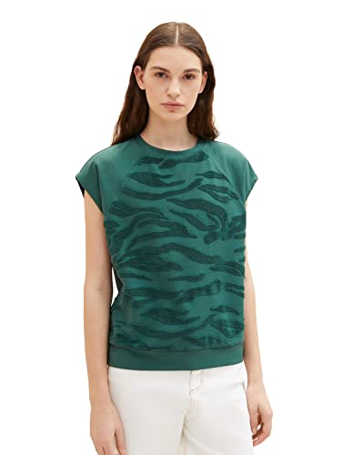 TOM TAILOR Damen 1035855 T-Shirt mit Material-Mix, 31585 - Pine Green Towelling Waves, XL von TOM TAILOR