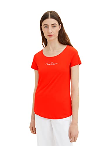 TOM TAILOR Damen 1036192 Basic T-Shirt mit Schriftzug, 15612 - Fever Red, XXS von TOM TAILOR