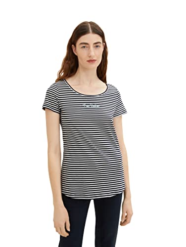 TOM TAILOR Damen 1036192 Basic T-Shirt mit Schriftzug, 29220 - Navy Stripes, 3XL von TOM TAILOR