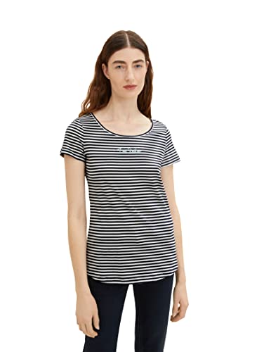 TOM TAILOR Damen 1036192 Basic T-Shirt mit Schriftzug, 29220 - Navy Stripes, XXL von TOM TAILOR