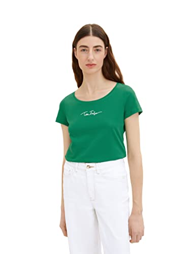 TOM TAILOR Damen 1036192 Basic T-Shirt mit Schriftzug, 31032 - Vivid Leaf Green, M von TOM TAILOR