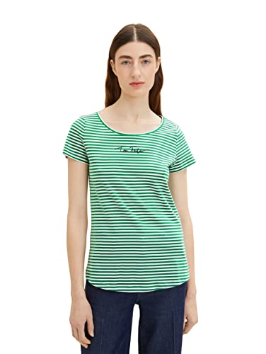TOM TAILOR Damen 1036192 Basic T-Shirt mit Schriftzug, 32066 - Small Green Offwhite Stripe, XXL von TOM TAILOR