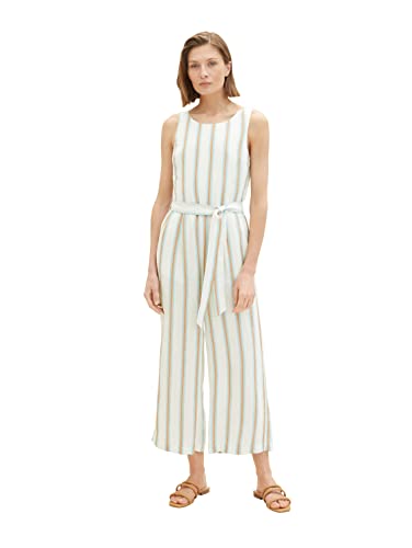 TOM TAILOR Damen 1036671 Leinen Overall Jumpsuit mit Bindegürtel, 31948-Offwhite Brown Vertical Stripe, 42 von TOM TAILOR