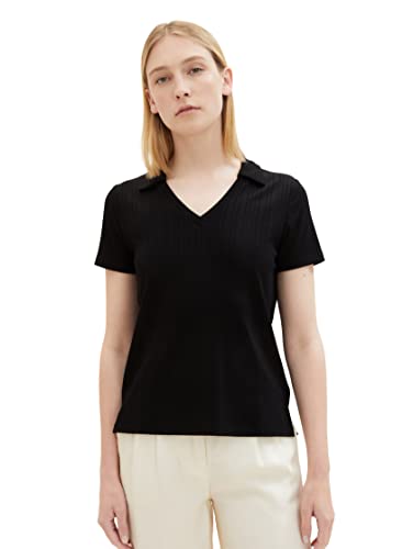 TOM TAILOR Damen 1036796 T-Shirt mit Kragen, 14482-Deep Black, XL von TOM TAILOR