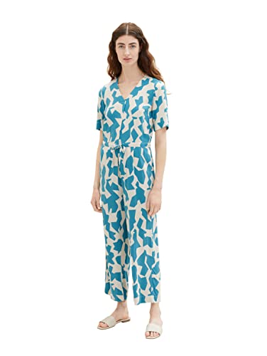 TOM TAILOR Damen 1036807 Jumpsuit Overall mit V-Ausschnitt & Kordel, 32146-Petrol Big Abstract Design, 38 von TOM TAILOR