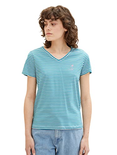 TOM TAILOR Damen 1036889 T-Shirt mit Stickerei, 32150-Petrol Thin Stripe, L von TOM TAILOR