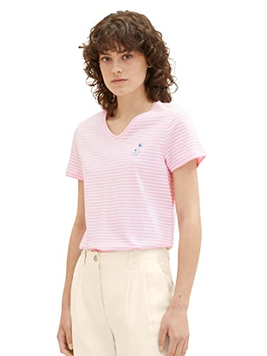 TOM TAILOR Damen 1036889 T-Shirt mit Stickerei, 32151-Pink Thin Stripe, XL von TOM TAILOR