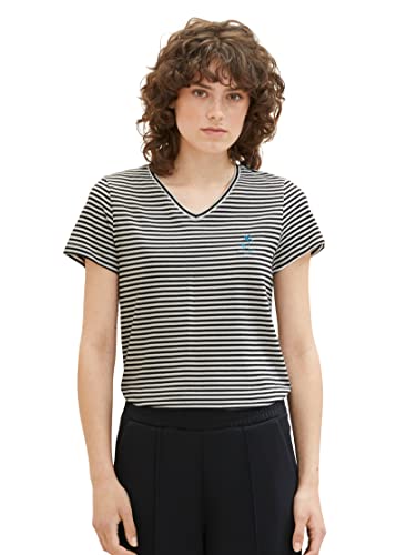 TOM TAILOR Damen 1036889 T-Shirt mit Stickerei, 32152-Black Thin Stripe, L von TOM TAILOR