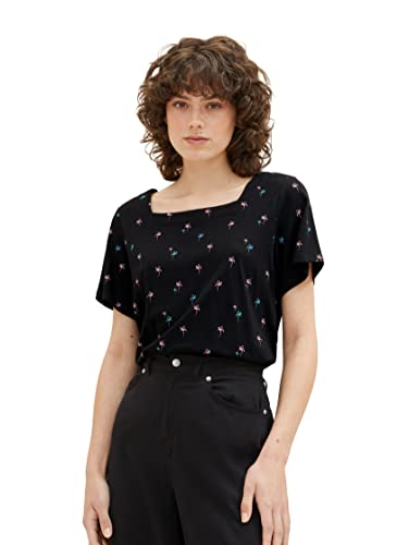 TOM TAILOR Damen 1036895 T-Shirt mit Muster, 31998-Black Pink Palm Design, M von TOM TAILOR