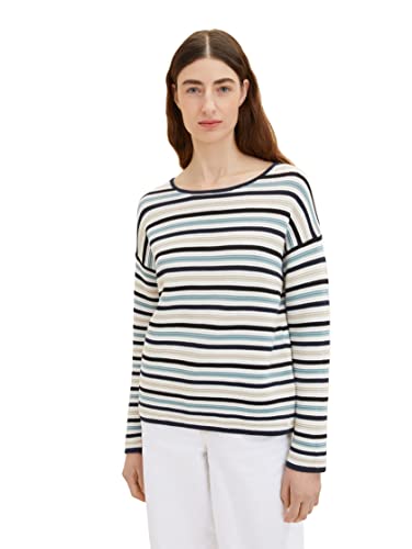 TOM TAILOR Damen 1036918 Sweater mit Struktur, 32091 - Blue Beige Knit Stripe, M von TOM TAILOR