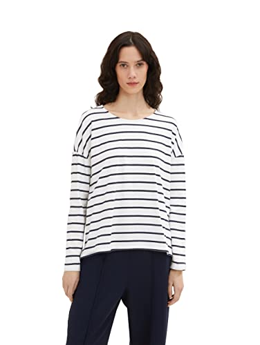 TOM TAILOR Damen 1037012 Langarmshirt mit Streifen, 31536 - Offwhite Navy Stripe, XL von TOM TAILOR