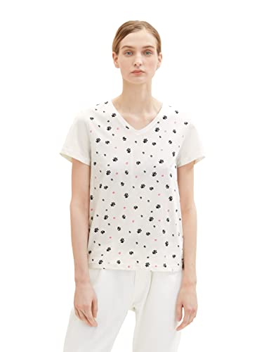 TOM TAILOR Damen 1037404 T-Shirt, 32820 - Offhwhite Small Leaf Design, L von TOM TAILOR