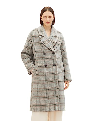 TOM TAILOR Damen 1037556 Mantel mit Reverkragen & Karomuster, 32426-grey orange Green Check Woven, L von TOM TAILOR