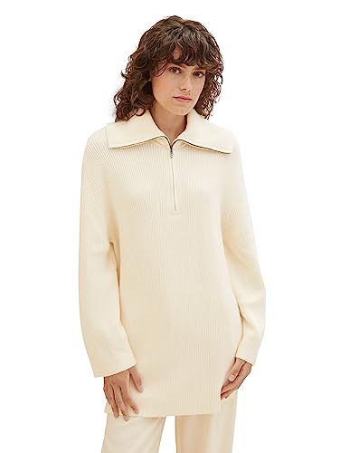 TOM TAILOR Damen 1037787 Troyer Pullover mit Rippstruktur, 10354-Soft Beige Solid, L von TOM TAILOR