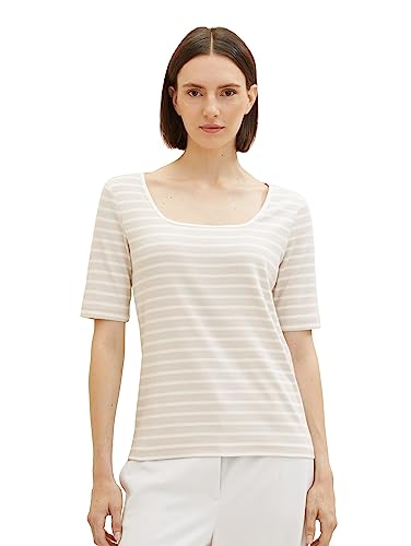 TOM TAILOR Damen 1038055 T-Shirt mit Rippstruktur & Streifen, 32396-grey Offwhite Stripe, M von TOM TAILOR