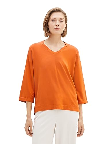 TOM TAILOR Damen 1038166 Basic T-Shirt mit 3/4-Arm & V-Ausschnitt, 19772-gold Flame orange, S von TOM TAILOR