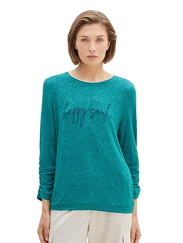 TOM TAILOR Damen 1038170 T-Shirt mit Raffarm & Schriftzug, 32402-ever Green Melange, XXS von TOM TAILOR