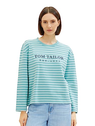 TOM TAILOR Damen 1038179 Sweatshirt mit Streifen & Print, 32394-teal Offwhite Stripe, M von TOM TAILOR