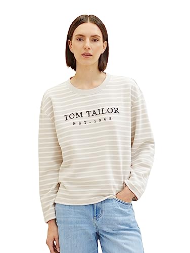 TOM TAILOR Damen 1038179 Sweatshirt mit Streifen & Print, 32396-grey Offwhite Stripe, M von TOM TAILOR