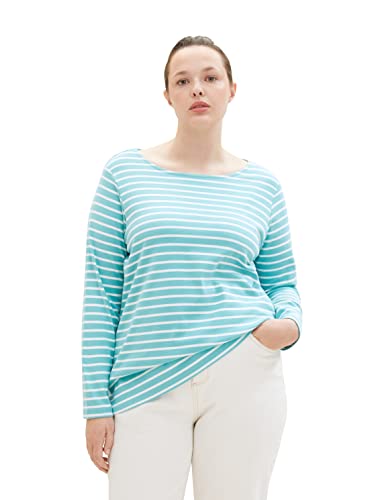 TOM TAILOR Damen 1038827 Langarmshirt mit Streifen, 32394-teal Offwhite Stripe, 44 von TOM TAILOR