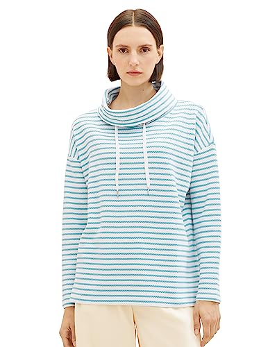 TOM TAILOR Damen 1038878 Sweatshirt mit Schalkragen, 34069-offwhite Teal Stripe, L von TOM TAILOR