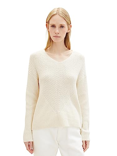 TOM TAILOR Damen 1039242 Basic Pullover mit V-Ausschnitt, 10354-Soft Beige Solid, XL von TOM TAILOR