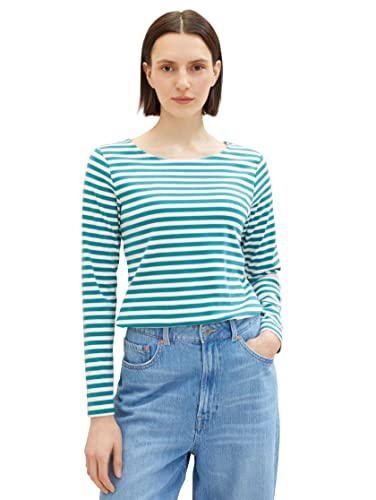 TOM TAILOR Damen 1039559 Langarmshirt mit Streifen, 34058-evergreen Offwhite Stripe, XXXL von TOM TAILOR