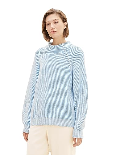 TOM TAILOR Damen 1039977 Pullover mit Stehkragen, 32624-offwhite Blue Plaited Rib, XL von TOM TAILOR