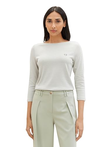 TOM TAILOR Damen Basic Langarmshirt mit Streifen, 34837 - Green Offwhite Thin Stripe, S von TOM TAILOR