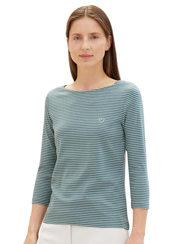 TOM TAILOR Damen Basic Langarmshirt mit Streifen, 34838 - Green Offwhite Thin Stripe, XXS von TOM TAILOR