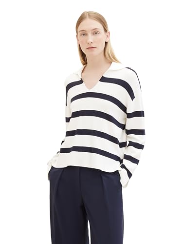 TOM TAILOR Damen Polo Strickpullover mit Streifen, 35067 - Offwhite Navy Stripe Knit, M von TOM TAILOR