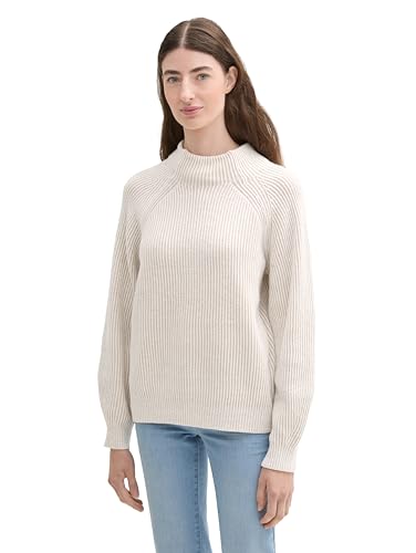 TOM TAILOR Damen RIPP Strickpullover mit Wollanteil, 36332 - Dusty Beige Rib Structure, M von TOM TAILOR