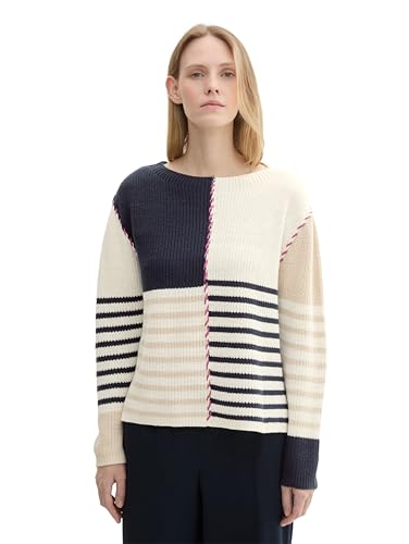 TOM TAILOR Damen 1043179 Pullover mit Struktur und Streifen, 36469-Navy Patched Stripe Knit, Large von TOM TAILOR