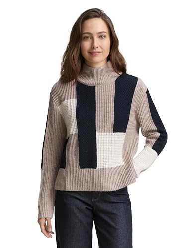 TOM TAILOR Damen 1047706 Pullover, 38717-Taupe Structured Colorblock, S von TOM TAILOR