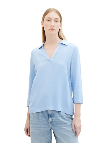 TOM TAILOR Damen Basic Bluse mit Polo Kragen, 34587 - Light Fjord Blue, XL von TOM TAILOR