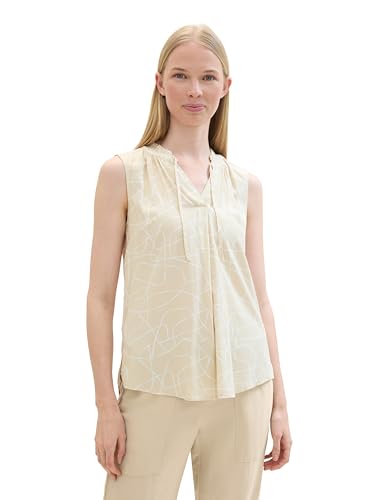 TOM TAILOR Damen Basic Bluse mit Rüschen-Detail am Kragen, abstract beige lines design, 46 von TOM TAILOR